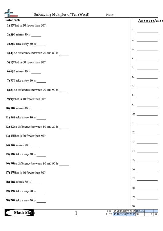 Subtracting Multiples Of Ten (Word) Worksheet With Answer Key Printable pdf