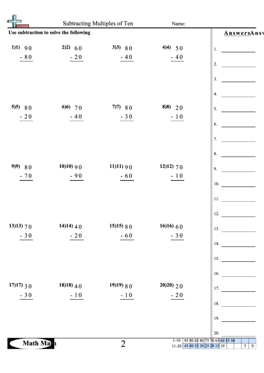Math Subtracting Multiples Of Ten Sheet Printable pdf