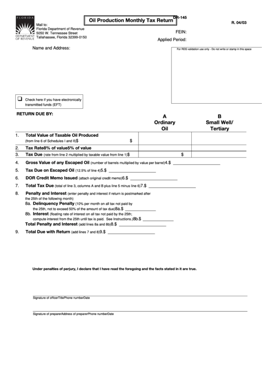 Form Dr-145 - Oil Production Monthly Tax Return Printable pdf