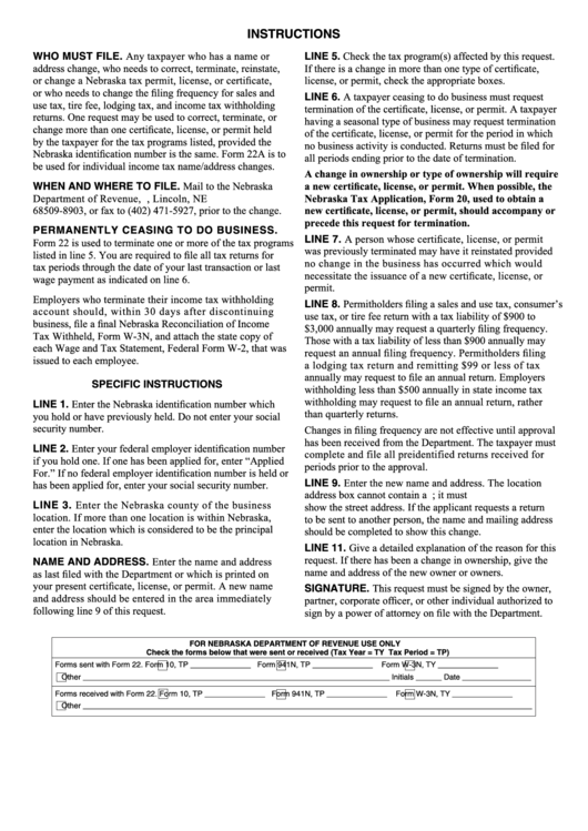 Instructions For Form 22a - Nebraska Printable pdf