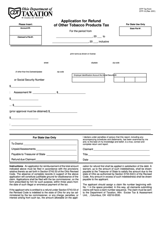 Otp-12 - Application For Refund Of Other Tobacco Products Tax Printable pdf