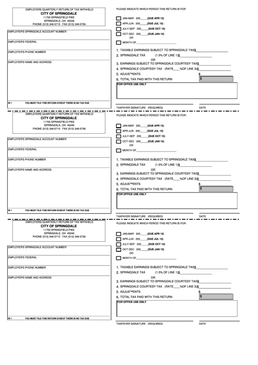 Form W-1 - Employers Quarterly Return Of Tax Withheld Printable pdf