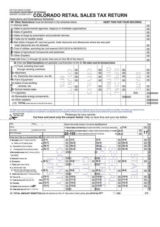 Form Dr 0100 - Colorado Retail Sales Tax Return Printable pdf