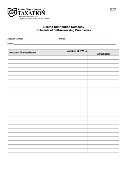 Form Kwh-2a - Electric Distribution Company Schedule Of Self-Assessing Purchasers 2004 Printable pdf