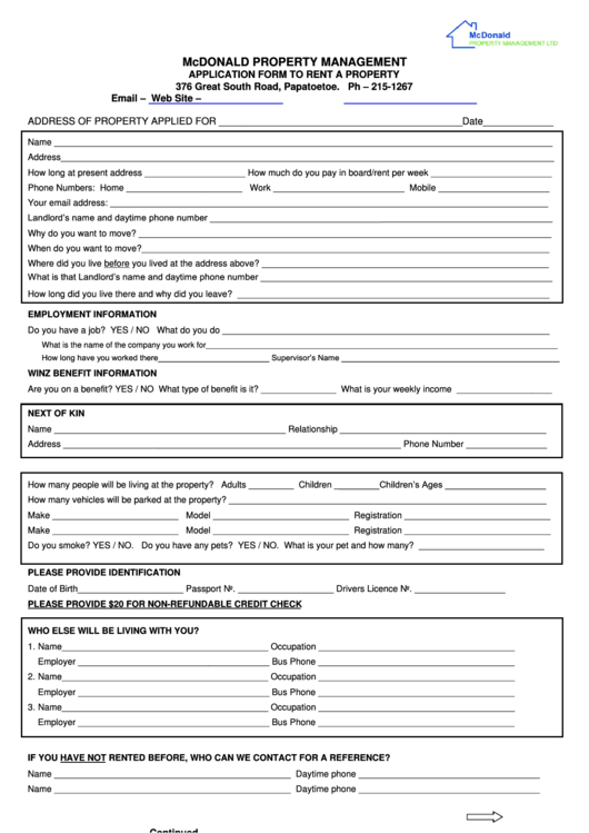 Application Form To Rent A Property Form Printable pdf