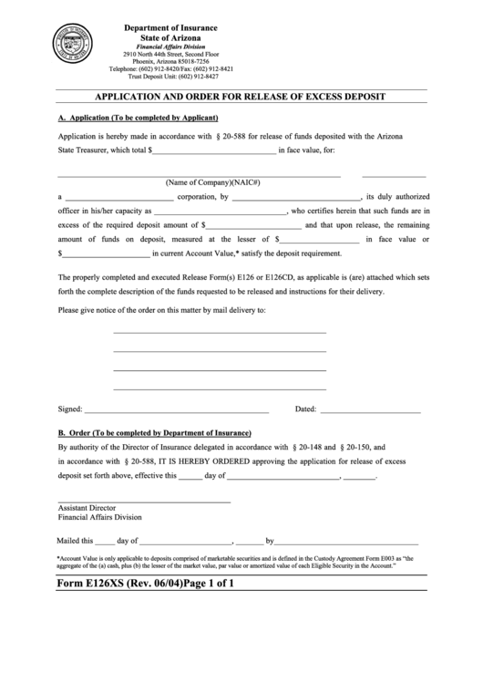 Form E126xs - Application And Order For Release Of Excess Deposit - 2004 Printable pdf