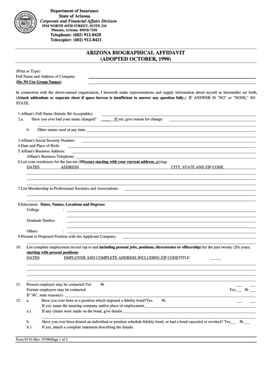 Form E110 - Arizona Biographical Affidavit July 1998 Printable pdf