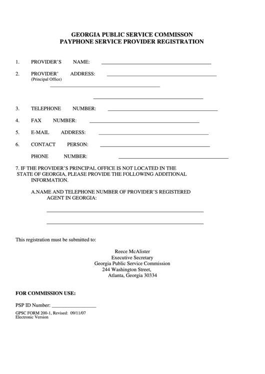Gpsc Form 200-1 - Payphone Service Provider Registration September 2007 Printable pdf