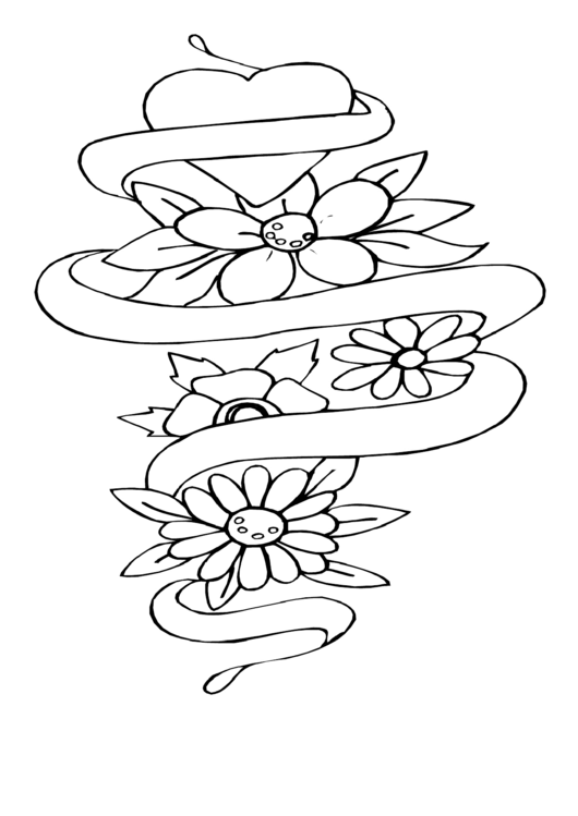 Heart And Flowers Tattoo Coloring Sheet Printable pdf