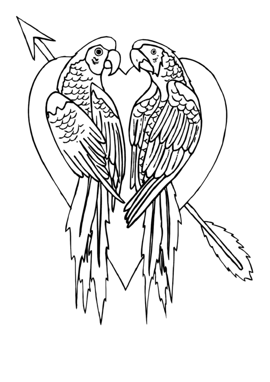 Heart And Parrots Coloring Sheet Printable pdf