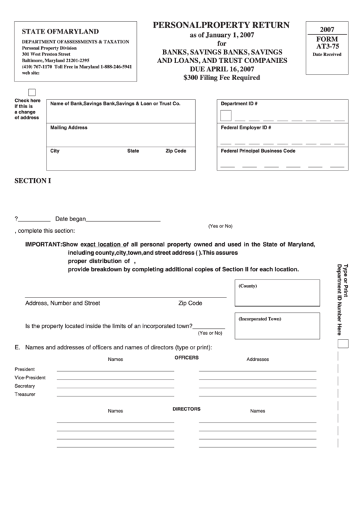 Form At3-75 - Personal Property Return - 2007 Printable pdf