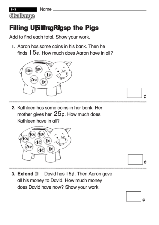 Filling Up The Pigs - Challenge Math Worksheet With Answer Key Printable pdf