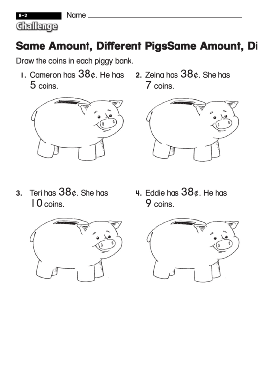 Same Amount, Different Pigs - Challenge Math Worksheet With Answer Key Printable pdf