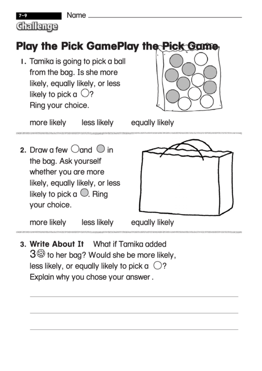 Play The Pick Game - Challenge Math Worksheet With Answer Key Printable pdf