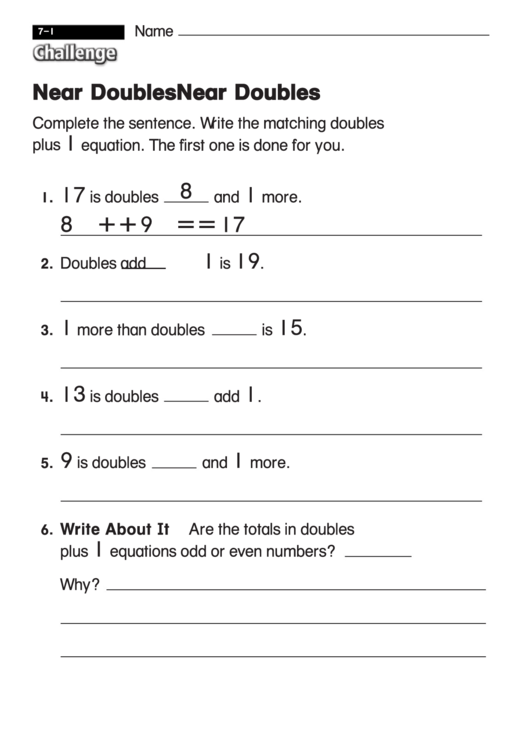 Near Doubles - Challenge Worksheet With Answer Key Printable pdf