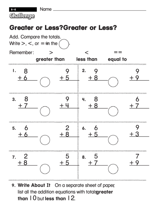 Greater Or Less - Challenge Worksheet With Answer Key Printable pdf