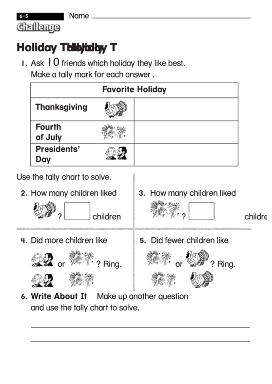 Holiday Tally - Challenge Worksheet With Answer Key Printable pdf