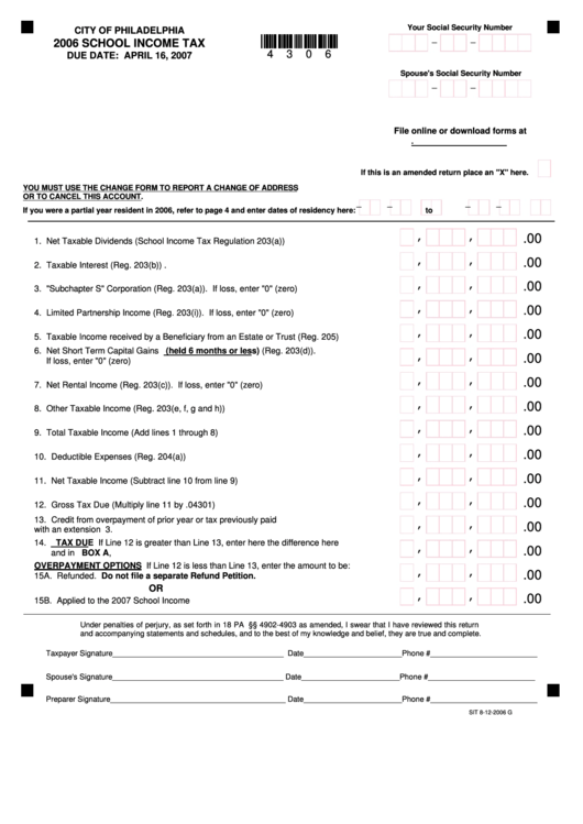 School Income Tax Form - City Of Philadelphia - 2006 Printable pdf
