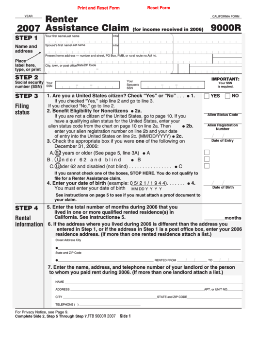 Fillable California Form 9000r - Renter Assistance Claim - 2007 Printable pdf
