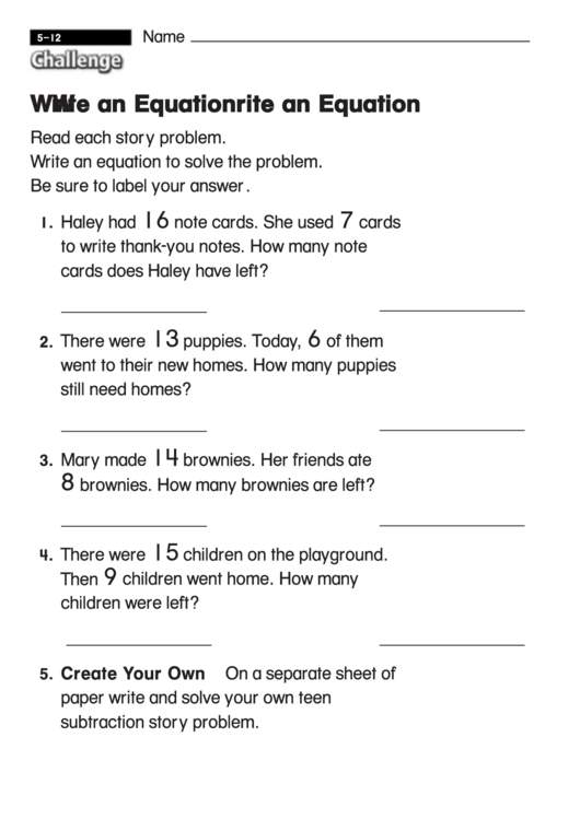 Write An Equation - Challenge Worksheet With Answer Key Printable pdf