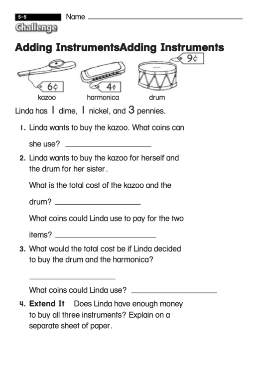 Adding Instruments - Challenge Worksheet With Answer Key Printable pdf