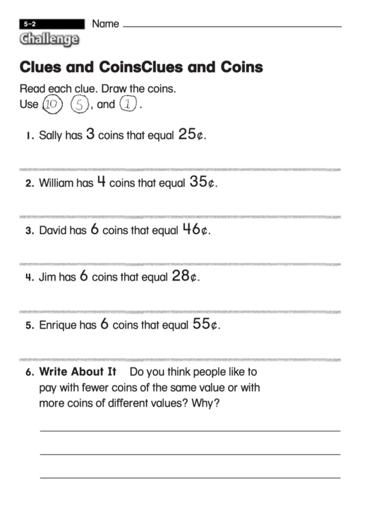 Clues And Coins - Challenge Worksheet With Answer Key Printable pdf