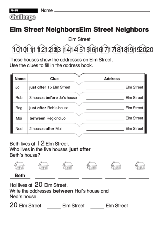 Elm Street Neighbors - Challenge Worksheet With Answer Key Printable pdf