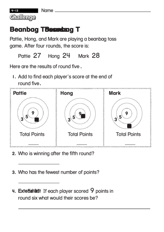 Beanbag Toss - Challenge Worksheet With Answer Key Printable pdf