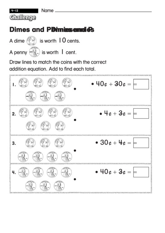 Dimes And Pennies - Challenge Worksheet With Answer Key Printable pdf