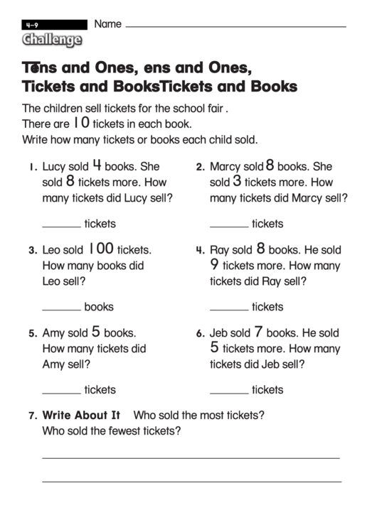 Tens And Ones, Tickets And Books - Challenge Worksheet With Answer Key Printable pdf