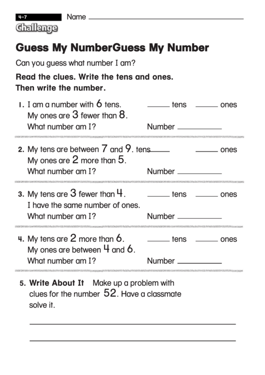 Guess My Number - Challenge Worksheet With Answer Key Printable pdf