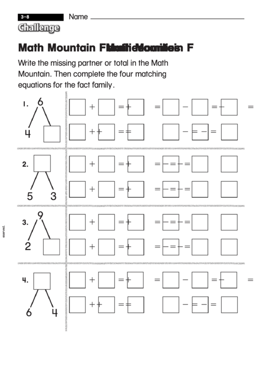 Math Mountain Families - Challenge Worksheet With Answer Key Printable pdf