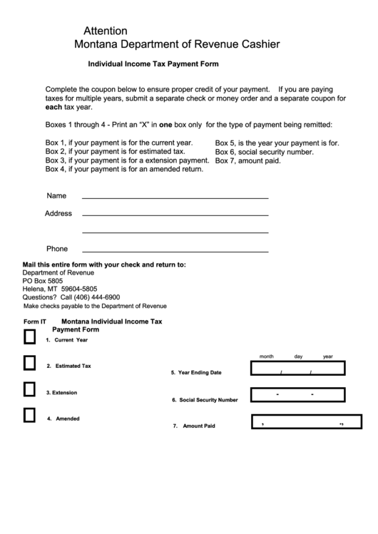 Montana Department Of Revenue - Individual Income Tax Payment Form Printable pdf