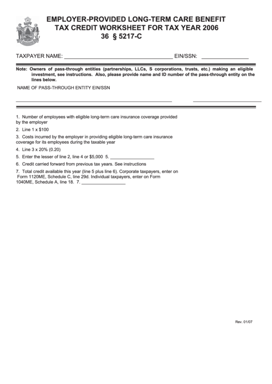 Employer-Provided Long-Term Care Benefits Tax Credit Worksheet For Tax Year 2006 Printable pdf