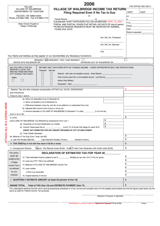 Village Of Walbridge Income Tax Return - 2006 Printable pdf