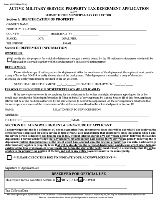 Fillable Form Amsptd - Active Military Service Property Tax Deferment Application Printable pdf