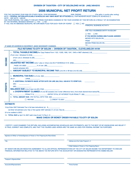 Form S-10 - Municipal Net Profit Return - 2006 Printable pdf