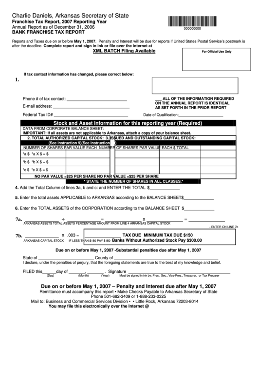 Bank Franchise Tax Report Form - Arkansas Secretary Of State - 2007 Printable pdf