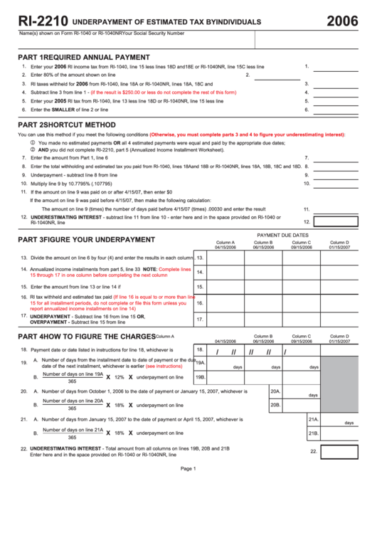 Form Ri-2210 - Underpayment Of Estimated Tax By Individuals - 2006 Printable pdf