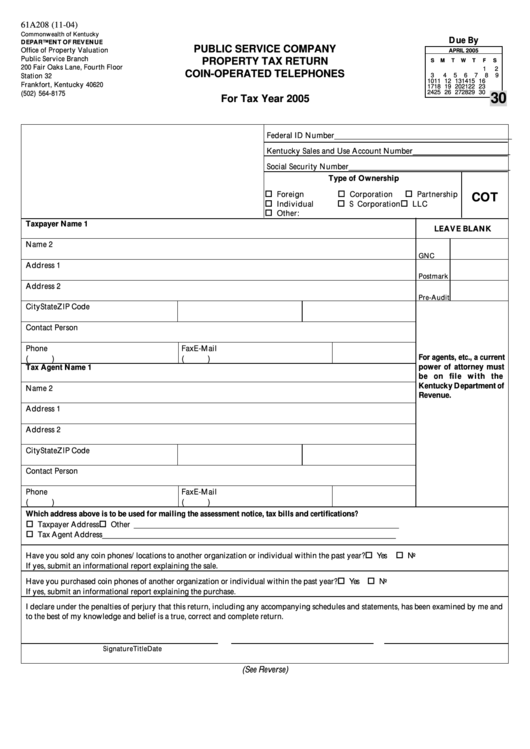 Form 61a208 - Public Service Company Property Tax Return Coin-Operated Telephones - State Of Kentucky Printable pdf