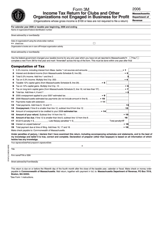 Form 3m - Income Tax Return For Clubs And Other Organizations Not Engaged In Business For Profit - 2006 Printable pdf