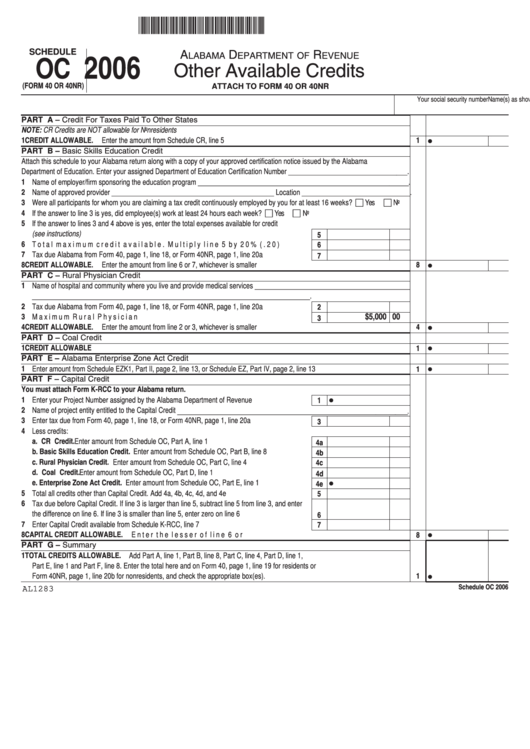 Fillable Schedule Oc (Form 40 Or 40nr) - Other Available Credits - Alabama Department Of Revenue - 2006 Printable pdf