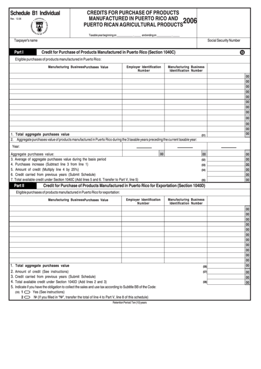 Schedule B1 Individual - Credits For Purchase Of Products Manufactured In Puerto Rico And Puerto Rican Agricultural Products - 2006 Printable pdf