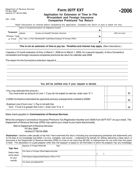 Form 207f Ext - Nonresident And Foreign Insurance Companies Premiums Tax Return 2006 Printable pdf