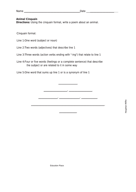 Animal Cinquain Poem Worksheet Printable pdf
