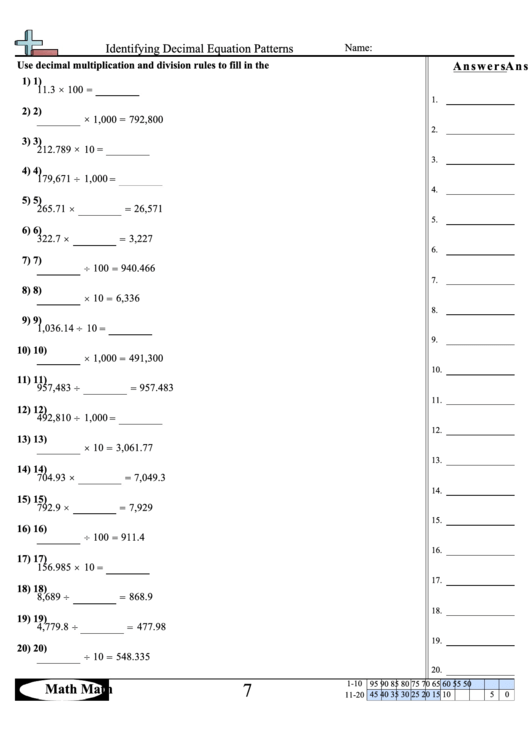 Identifying Decimal Equation Patterns Worksheet Printable pdf