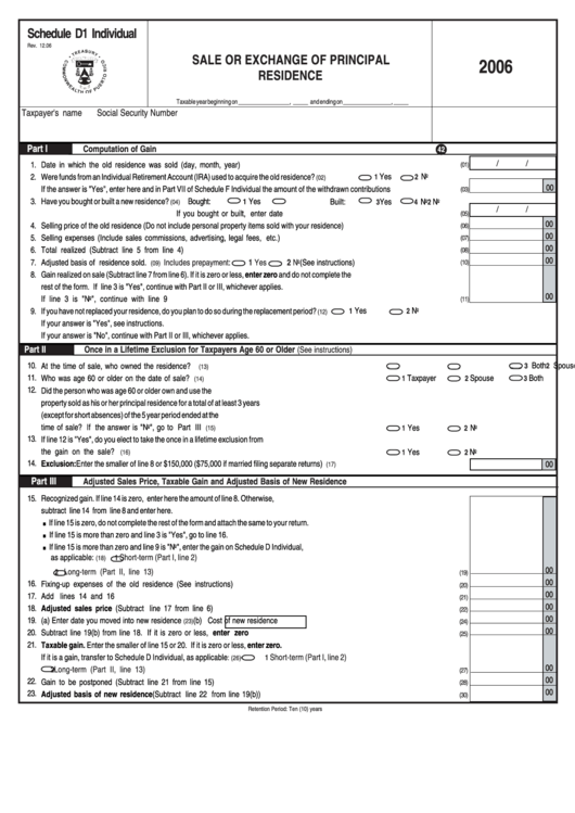 Schedule D1 Individual - Sale Or Exchange Of Principal Residence - 2006 Printable pdf