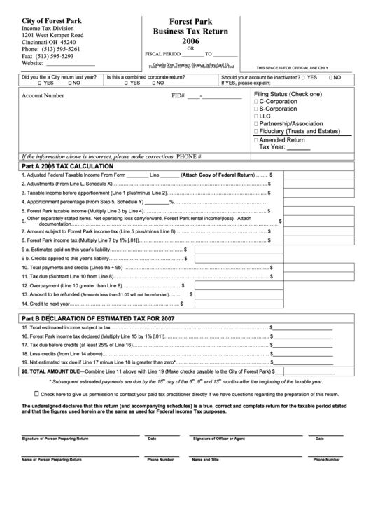Business Tax Return - City Of Forest Park - 2006 Printable pdf