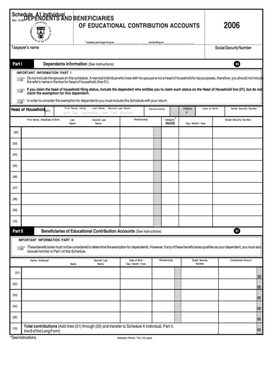 Schedule A1 Individual - Dependents And Beneficiaries Of Educational Contribution Accounts - 2006 Printable pdf