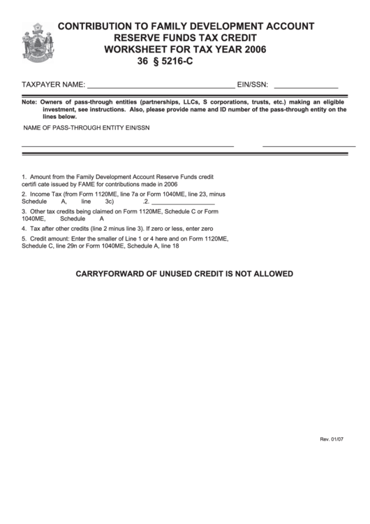 Contribution To Family Development Account Reserve Funds Tax Credit Worksheet - 2006 Printable pdf